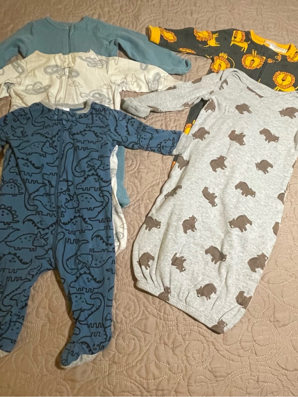 #2b Gerber Onesies Simple Joys 0-3M 5pc Cotton Footed Zip Sleepers Animals